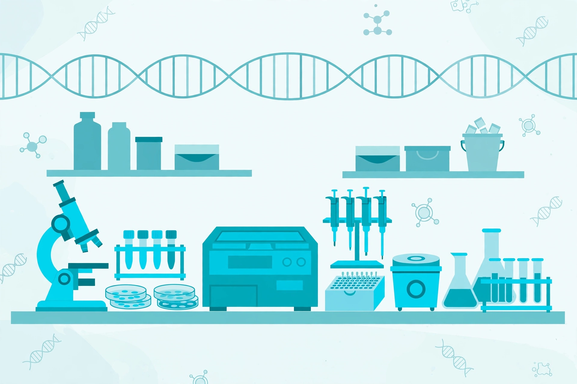 Illustration of a modern molecular biology laboratory with a DNA helix motif