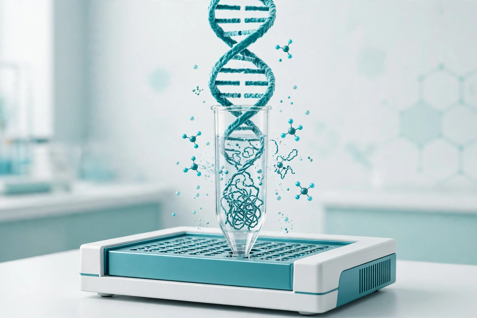 PCR tube in a thermal cycler with a DNA double helix unwinding as DMSO solvent molecules break apart tangled GC-rich DNA structures