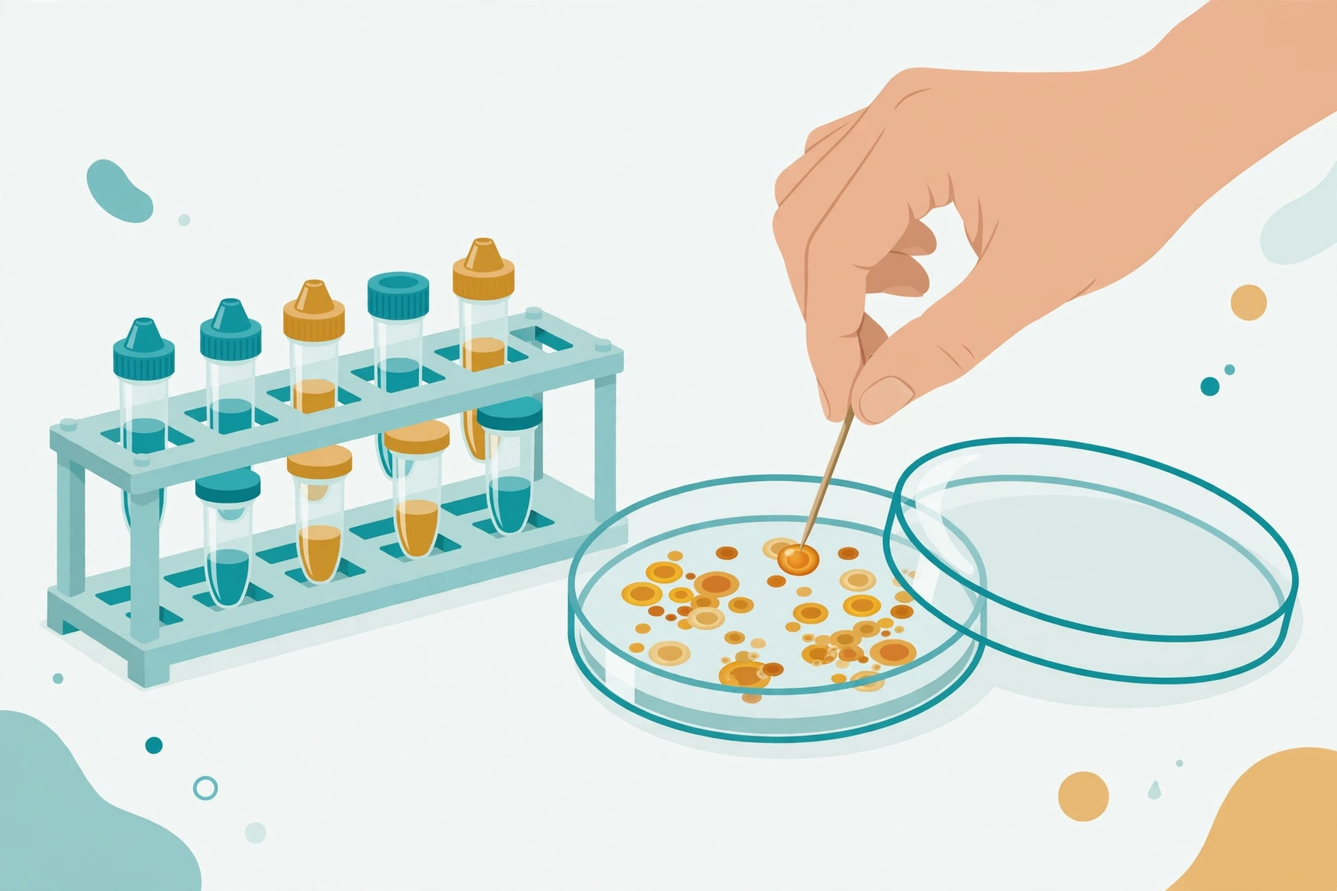 Illustration of PCR tubes and a bacterial culture plate with colonies being picked with a toothpick for colony PCR