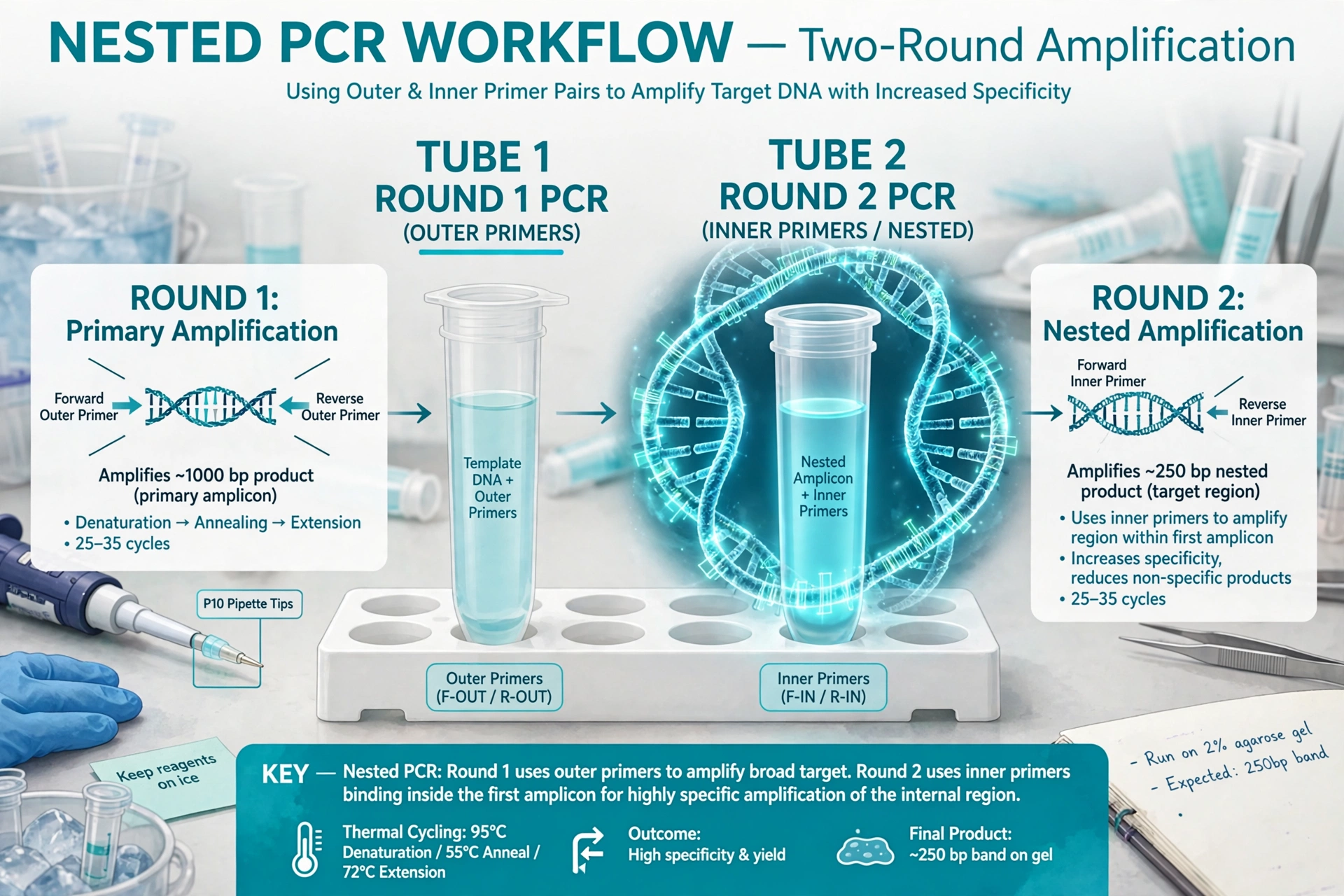 Illustration of two PCR tubes showing two rounds of nested PCR with outer and inner primer pairs amplifying a DNA target
