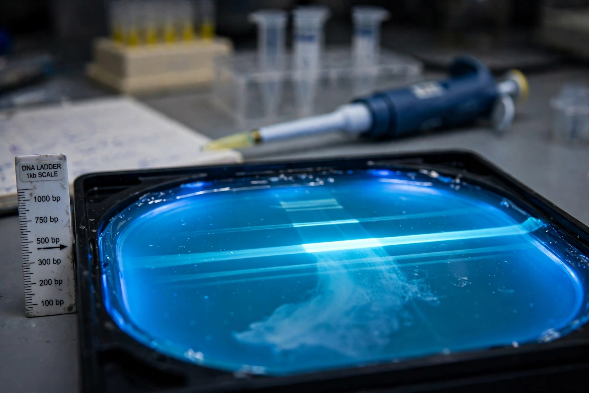 Agarose gel under blue light showing unexpected extra DNA bands next to a DNA ladder scale, with a micropipette on the lab bench