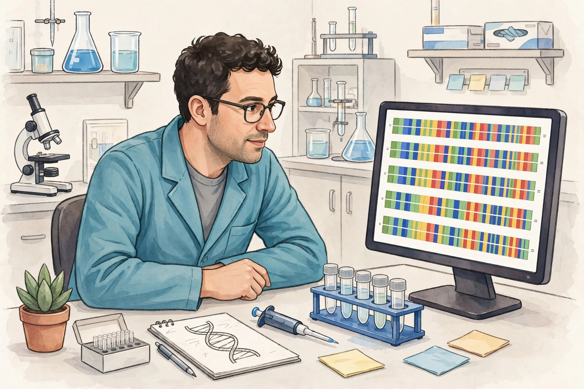 Scientist checking PCR primer sequences against DNA alignment results on a computer screen