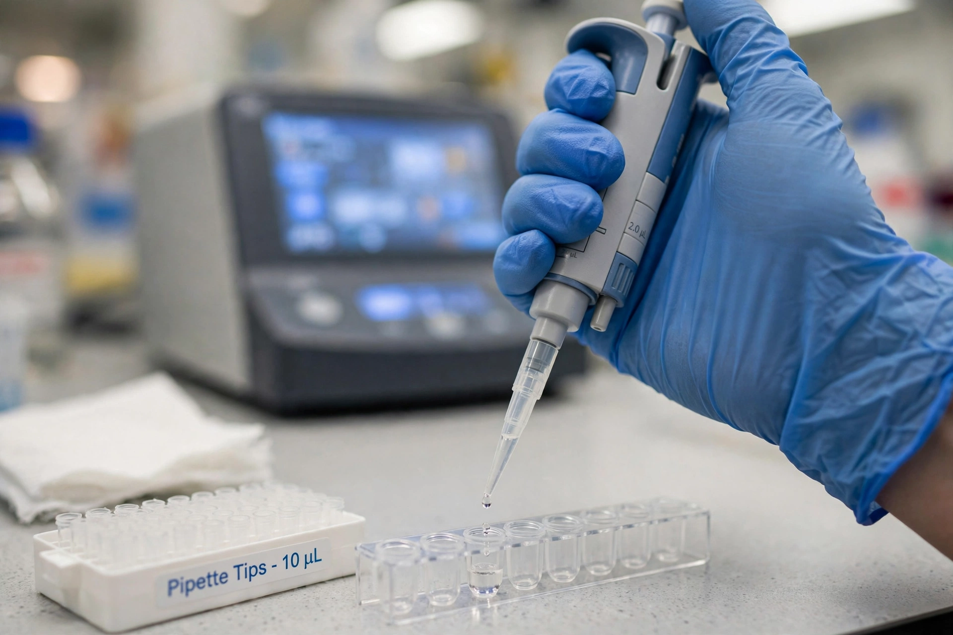 A gloved hand pipetting a small volume of primer solution into a PCR tube strip on a lab bench