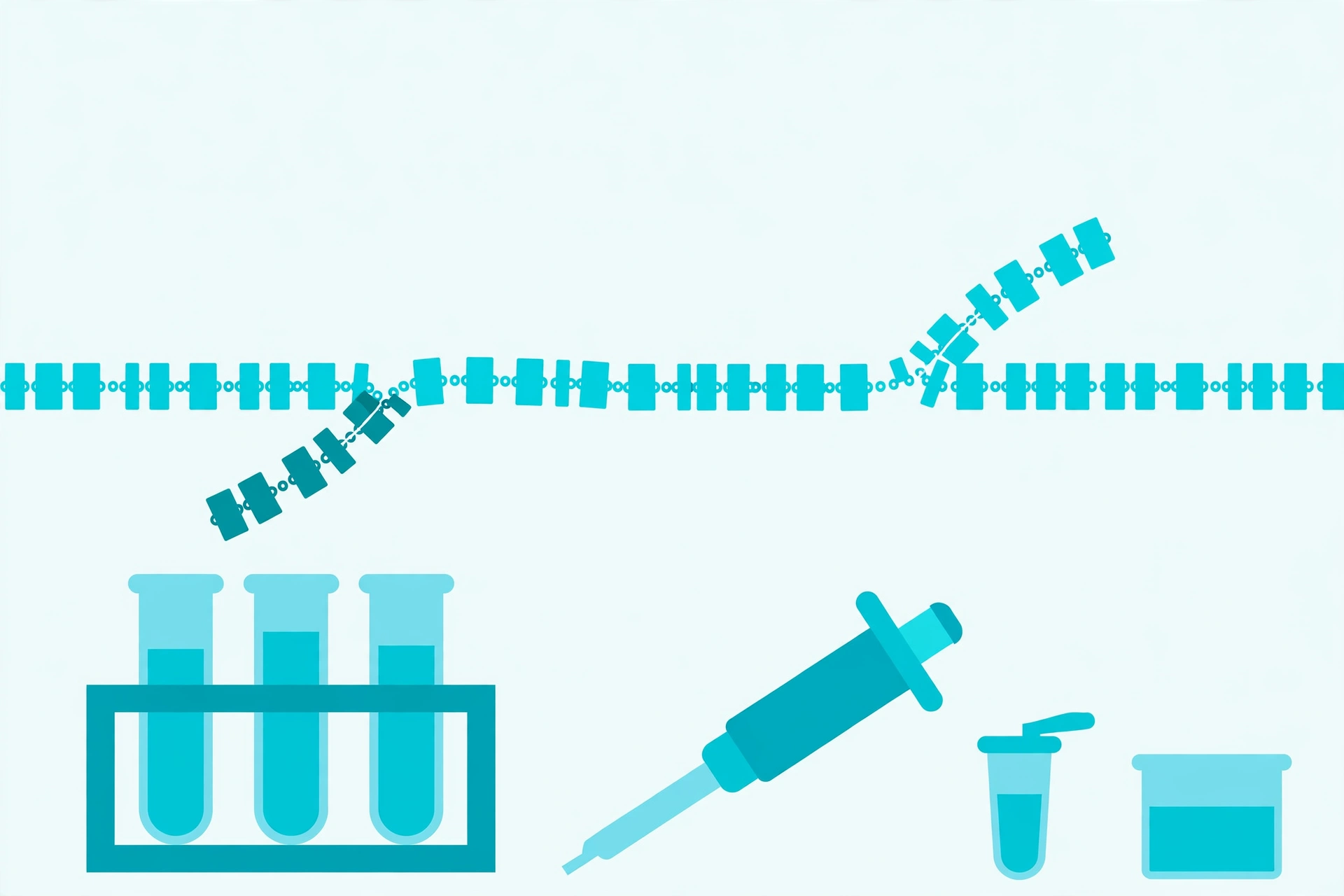 Illustration of short primer strands binding to a DNA template with laboratory test tubes