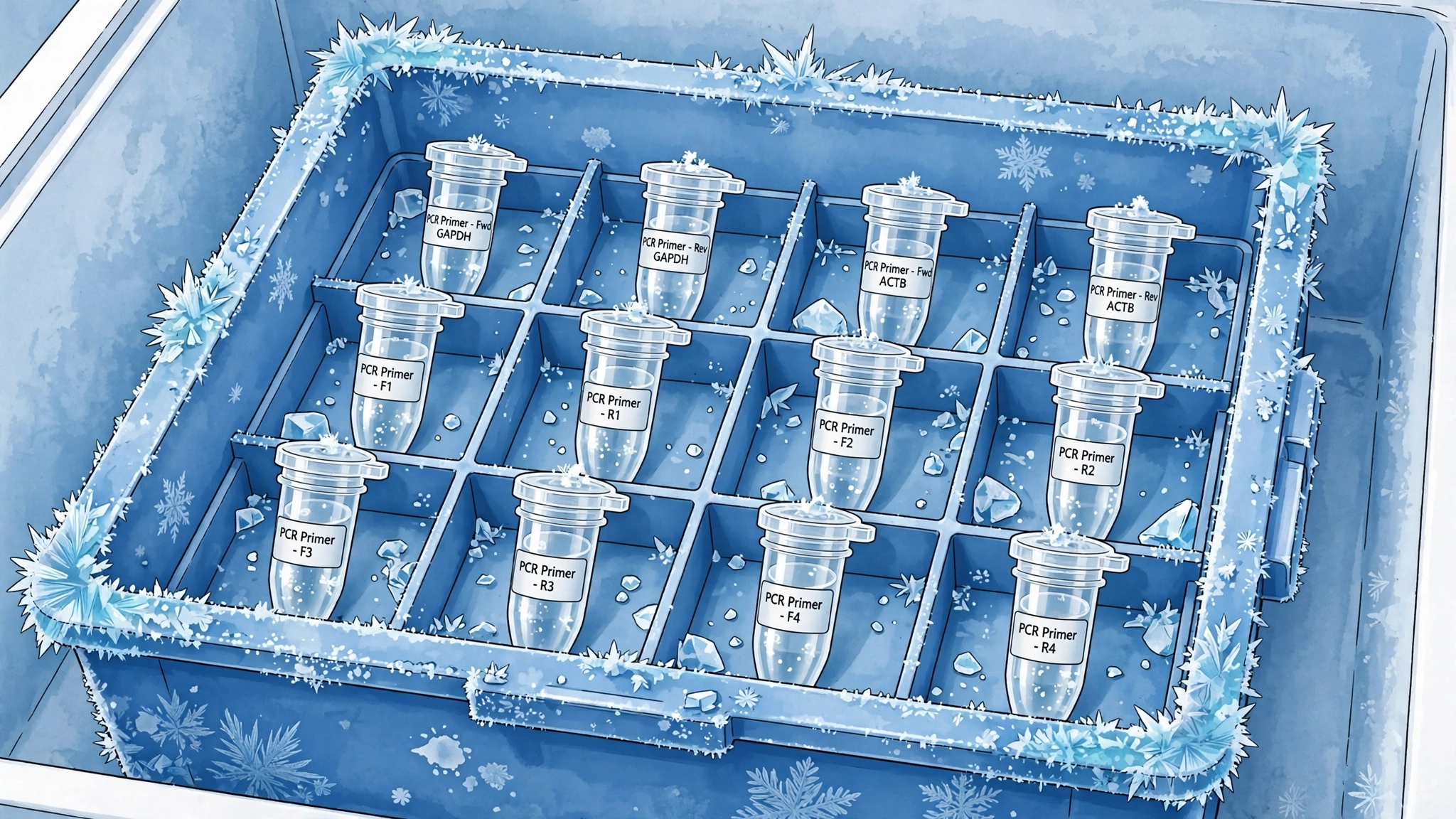 Labeled PCR primer tubes arranged in a frosty laboratory freezer storage box for long-term storage