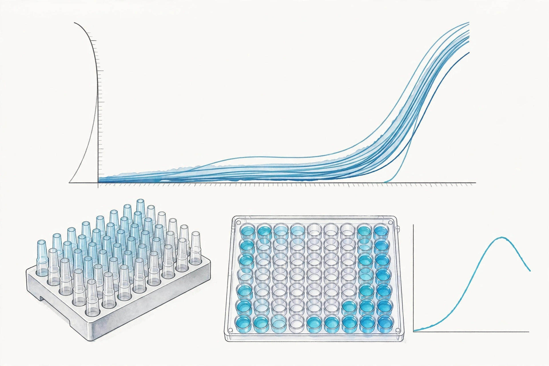 qPCR amplification plot with curves crossing the threshold late, beside a 96-well plate