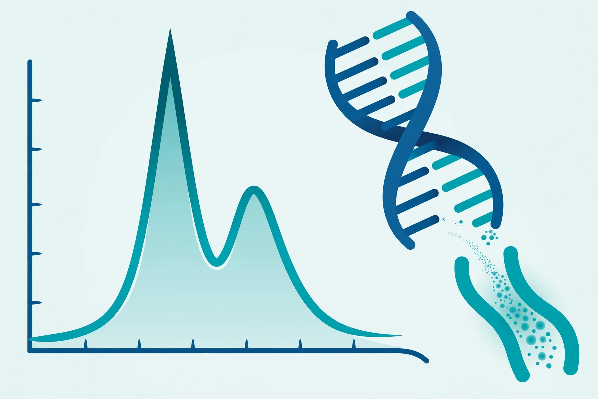 Illustration of a qPCR melt curve graph showing one sharp peak and a smaller second peak as DNA strands separate with rising temperature