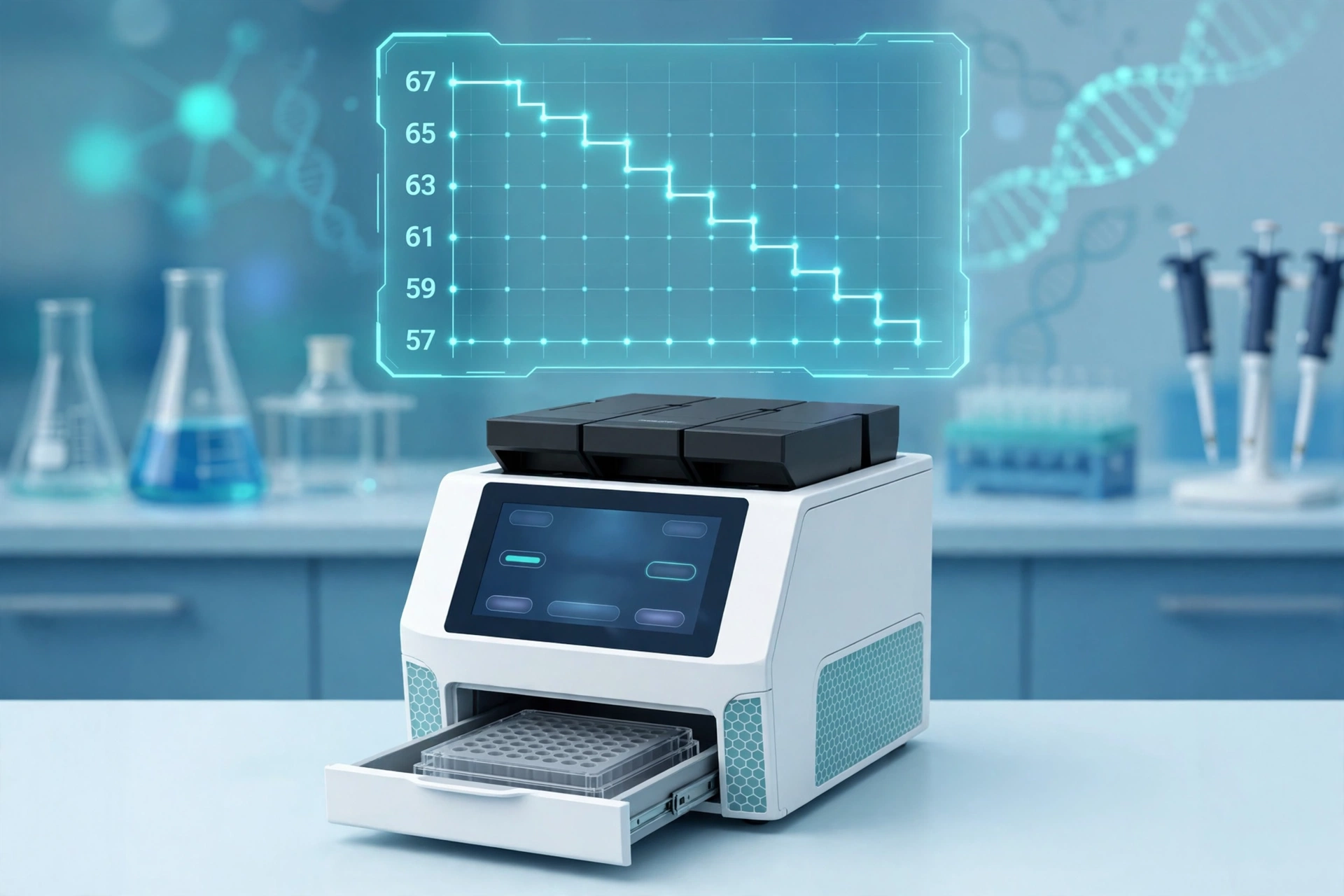 Thermal cycler with a descending staircase temperature graph illustrating a touchdown PCR protocol stepping down from 67 to 57 degrees Celsius