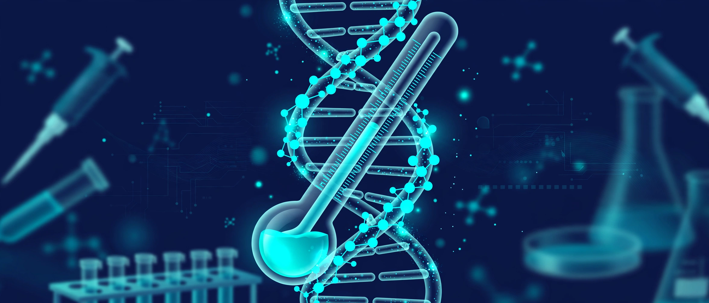Illustration of a glowing DNA double helix with a thermometer, representing primer melting temperature