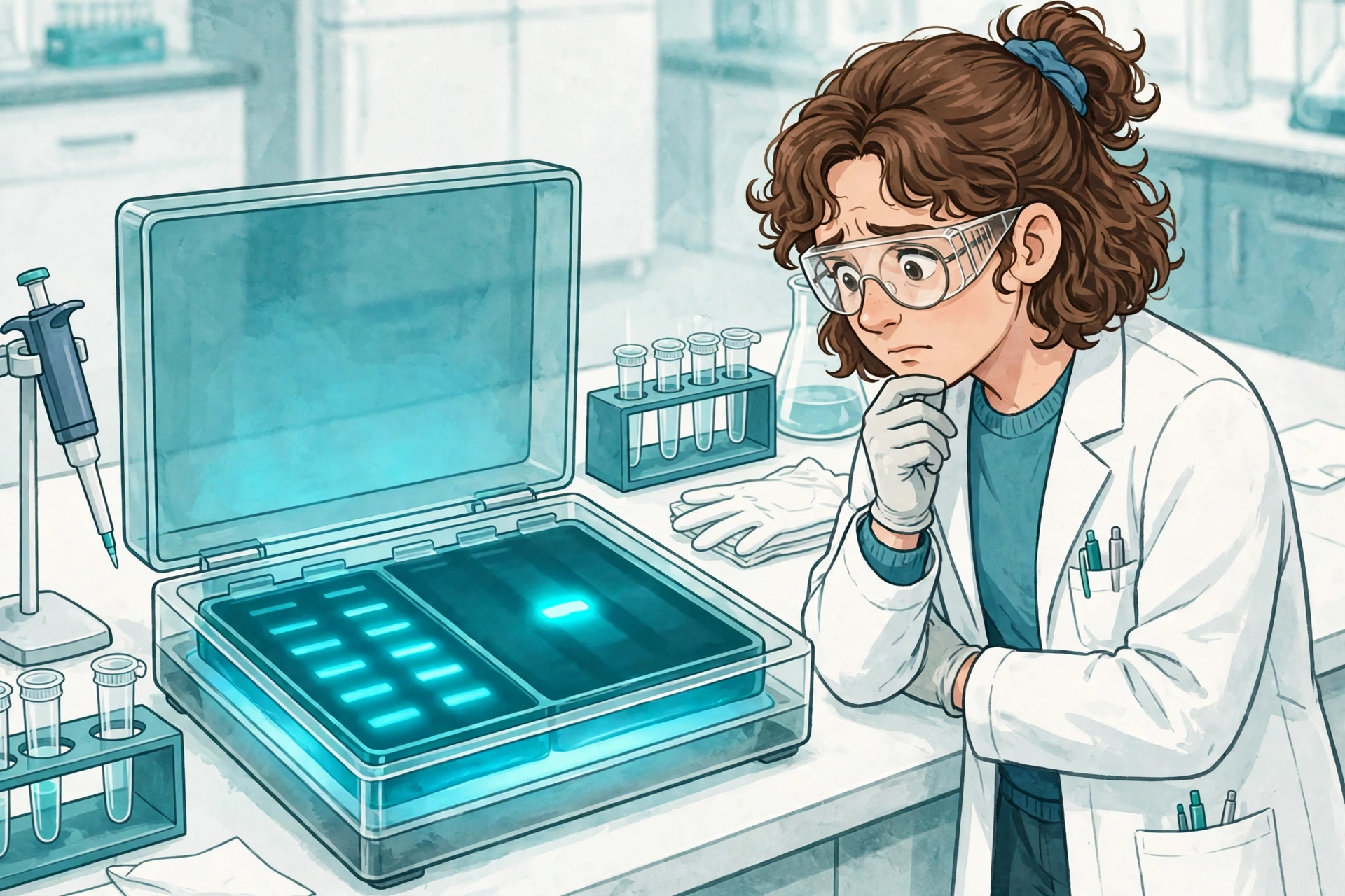 A DNA gel showing a PCR band at an unexpected position next to a size ladder, with a researcher examining the gel