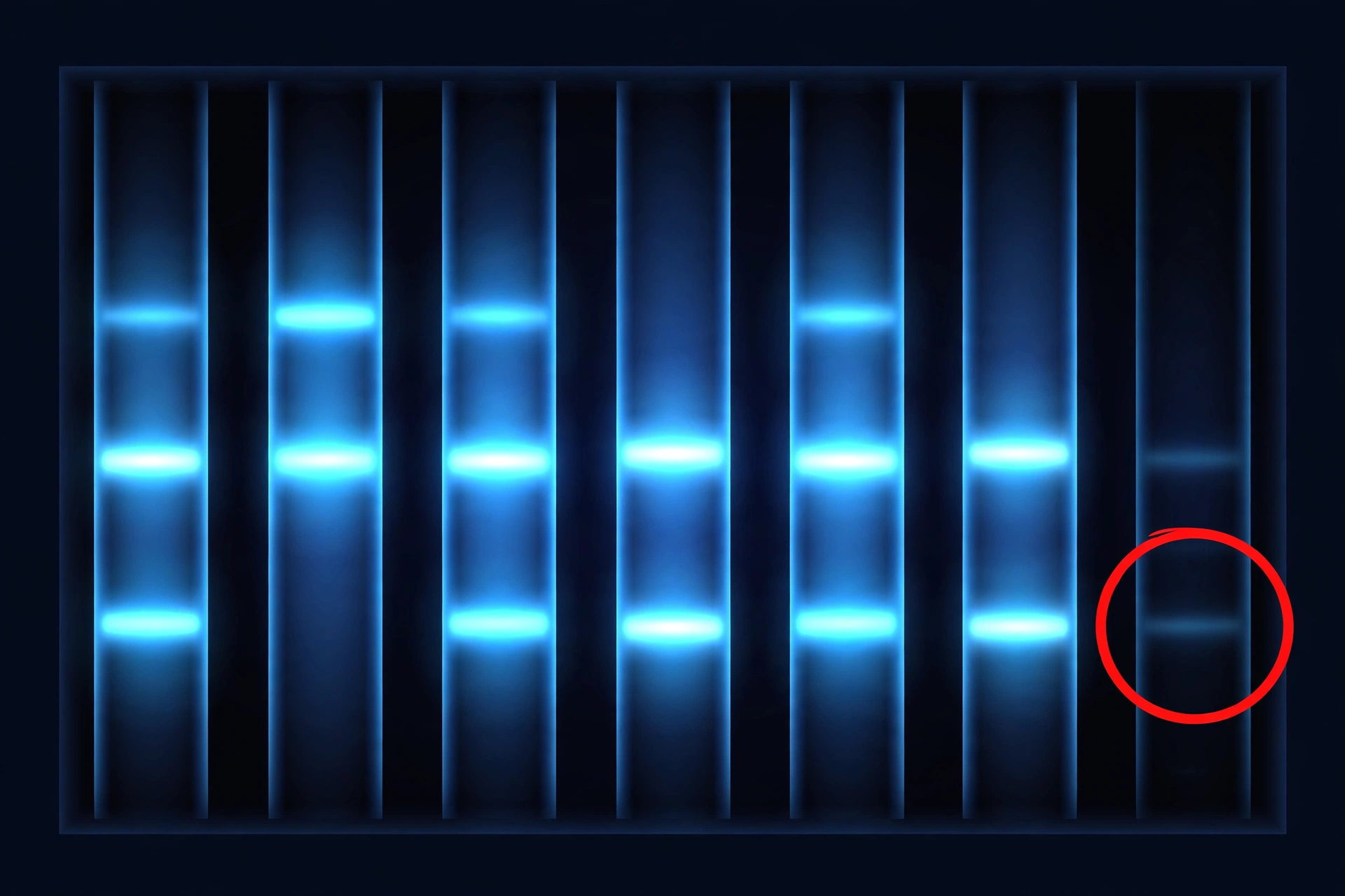 Illustration of an agarose gel with glowing DNA bands in the sample lanes and a faint unexpected band in the negative control lane marked with a red warning circle
